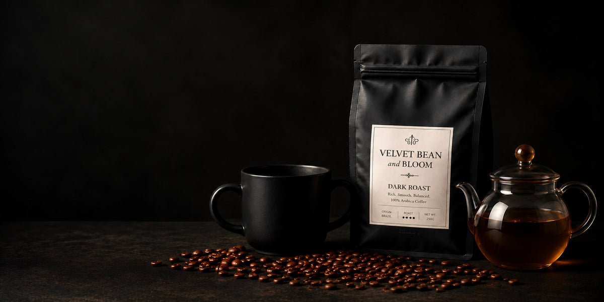 Velvet Bean & Bloom dark roast coffee bag, mug and teapot