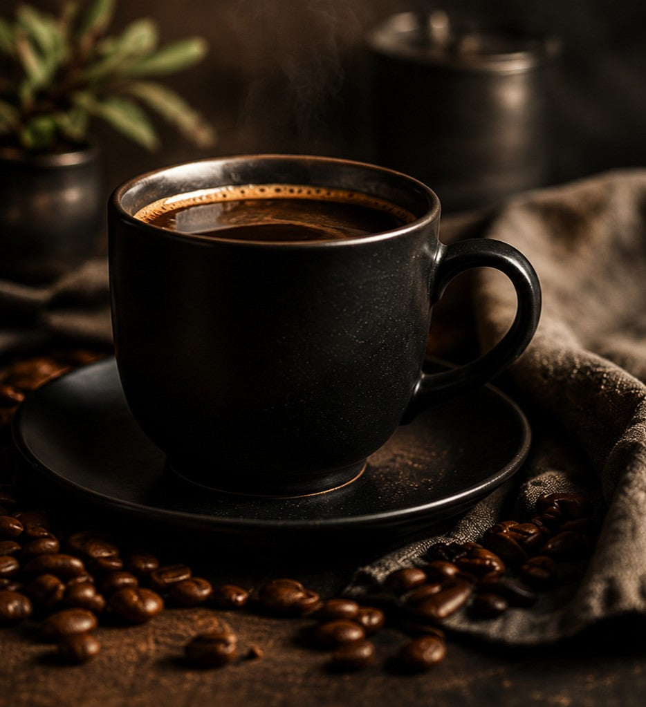 Black cup of coffee on a saucer with roasted beans
